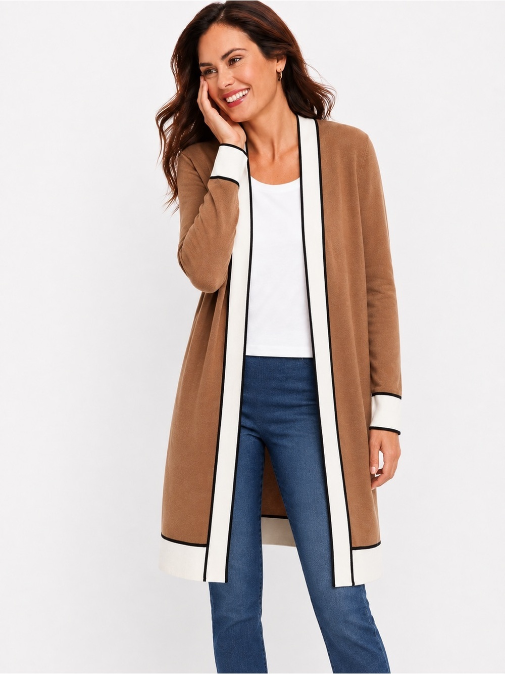 Talbots Brown Cardigan Open Front Cream & Black Trim Longline Cotton Blend XL